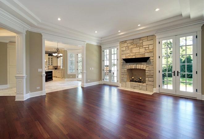 modern kitchen with rich, dark wood floors